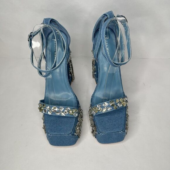 Azalea Wang Aberna Denim Rhinestone Chunky Heel Sandal Blue Size 10 Embellished - Picture 5 of 11